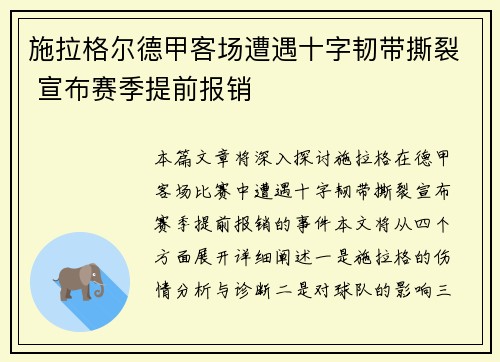 施拉格尔德甲客场遭遇十字韧带撕裂 宣布赛季提前报销 施拉格尔德甲客场遭遇十字韧带撕裂 宣布赛季提前报销
